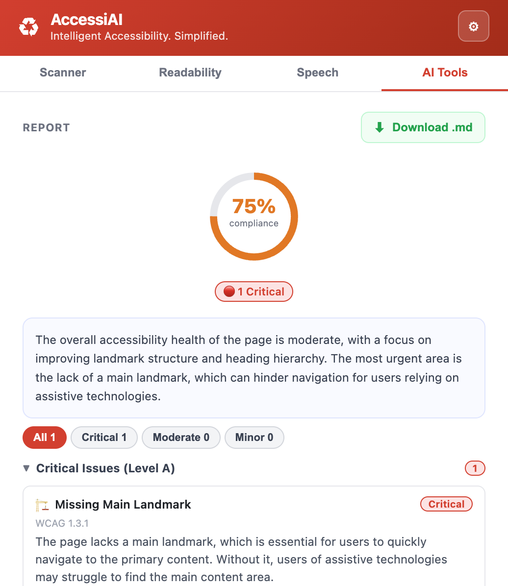 AccessiAI AI tools tab — provider selection and Markdown report
