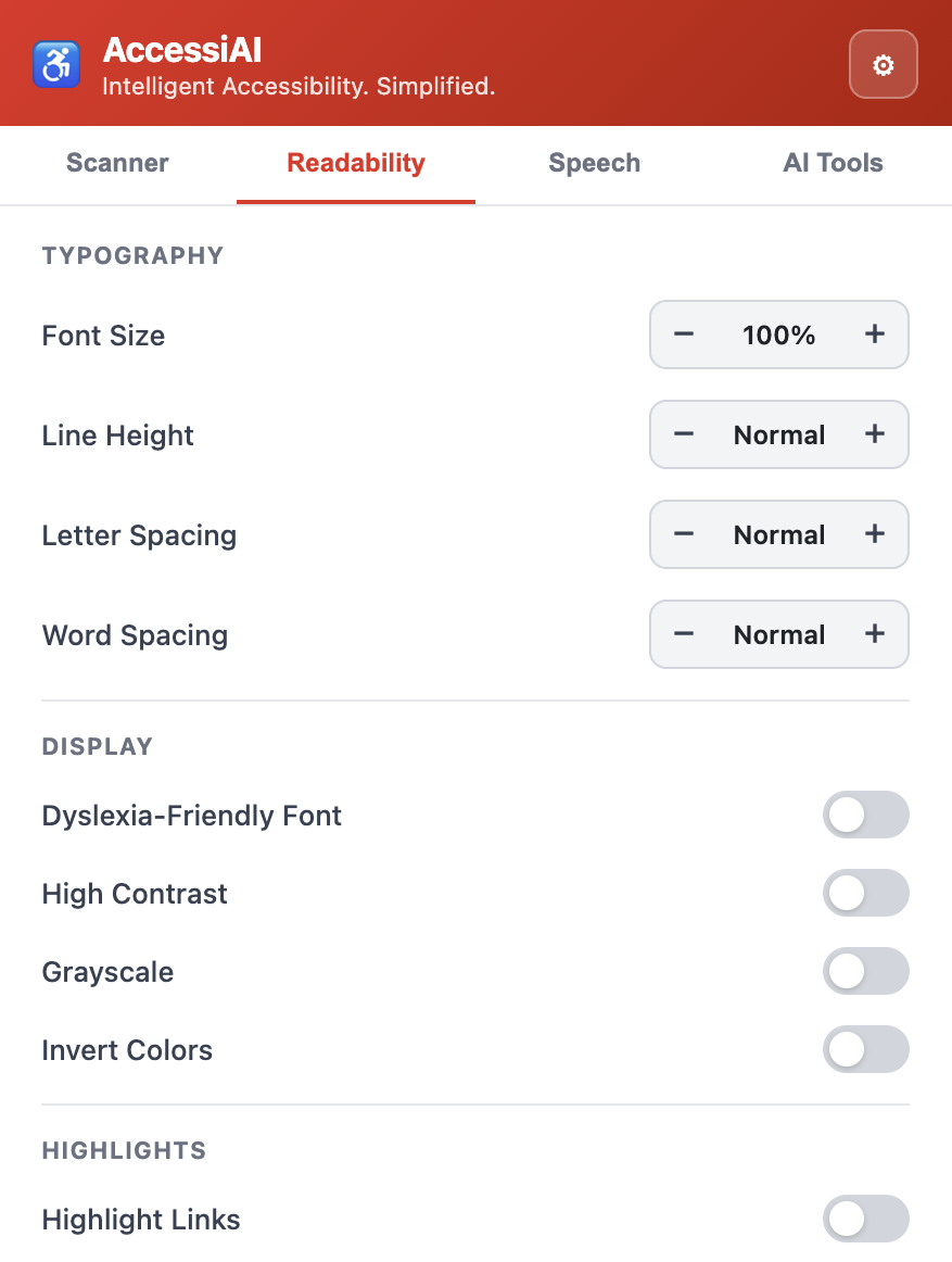 AccessiAI readability tab — typography controls