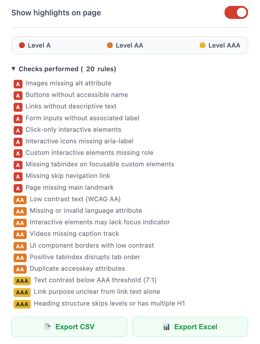 AccessiAI scanner tab showing real-time violations