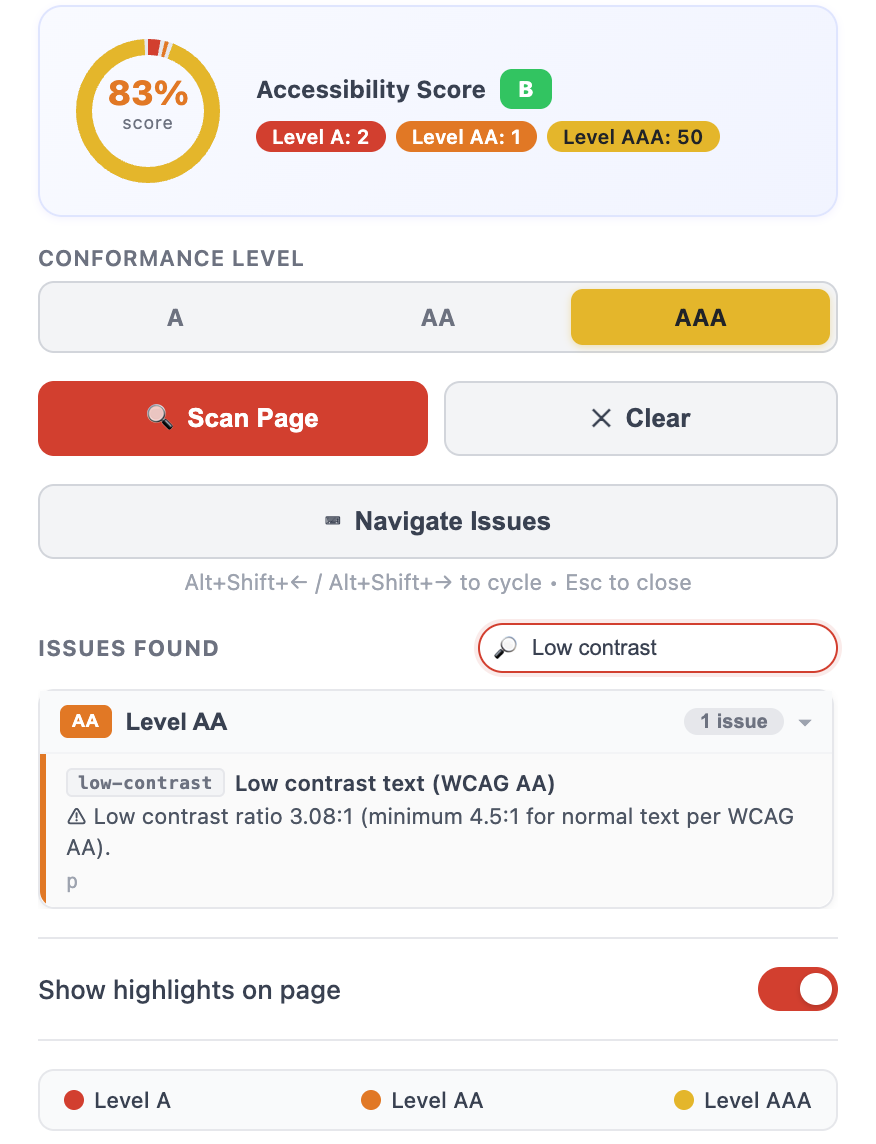 AccessiAI issue search panel filtering scan results by keyword