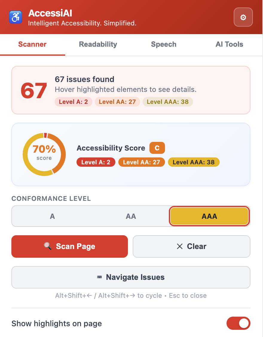 AccessiAI extension popup screenshot